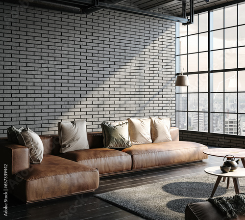 Living room interior in loft, industrial style, 3d render