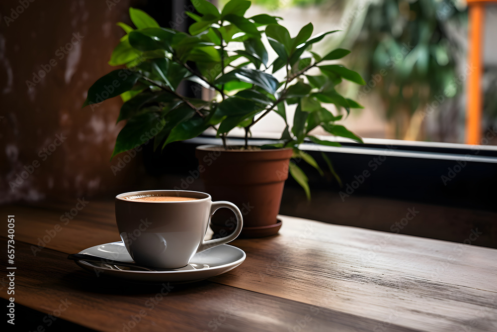 coffee cup and plant on table in the interior of a studio studio coffee shop cafe coffee shop coffee cup and plant on table in the interior of a studio studio coffee shop cafe coffee shop
