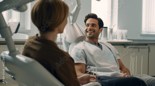 European young man sitting in medical chair at dental clinic