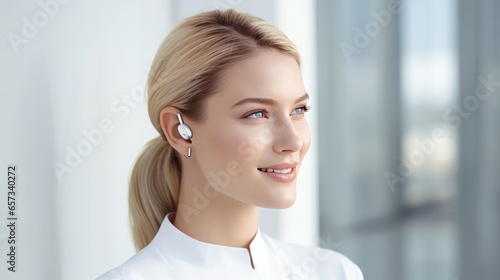 Close-up portrait of a young beautiful girl who wears a hearing aid