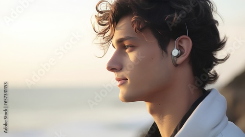 Close-up portrait of a young beautiful man who wears a hearing aid photo