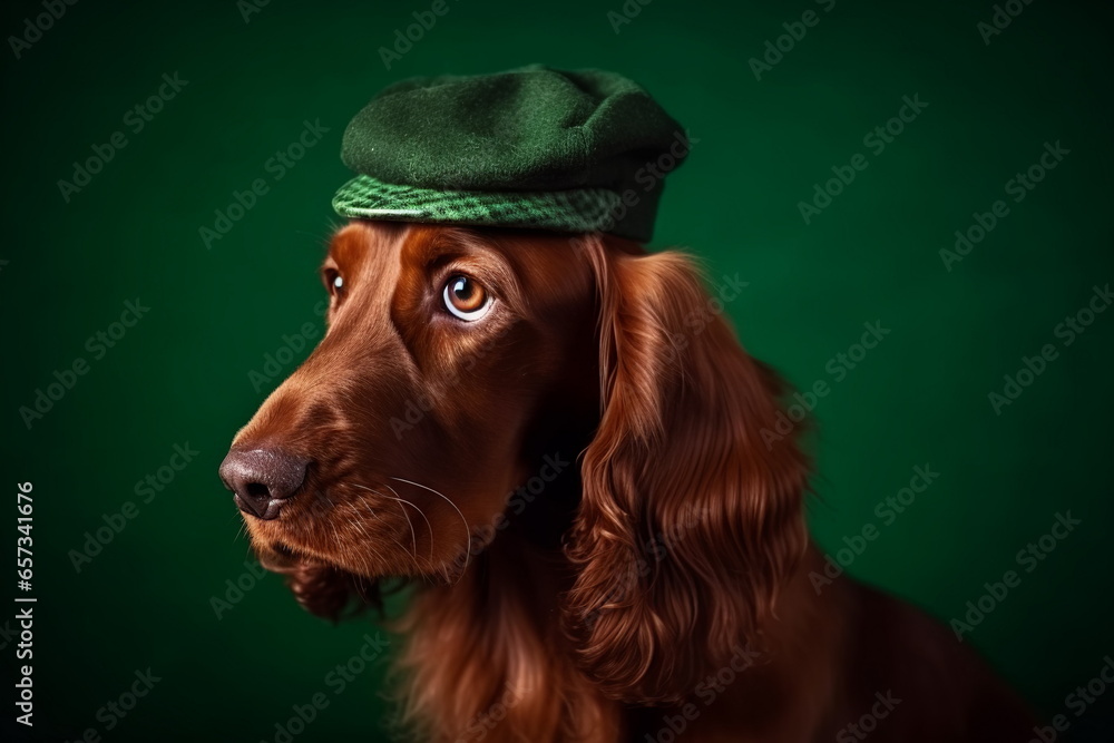 Red irish setter dog wearing green hat while celebration of St. Patrick's day. Copy space - obrazy, fototapety, plakaty 