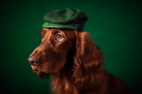 Red irish setter dog wearing green hat while celebration of St. Patrick's day. Copy space