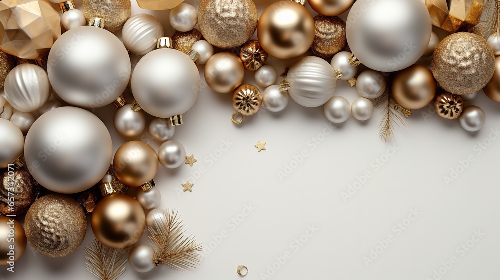 New year Christmas frame adorned with festive gold balls decoration and glittering ornaments New year Christmas frame adorned with festive gold balls decoration and glittering ornaments