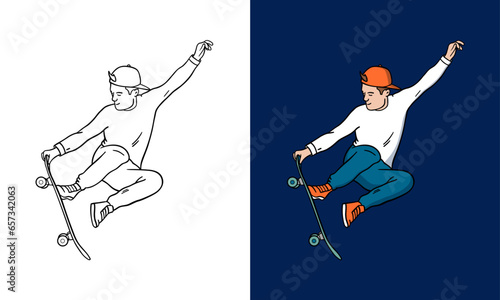 Hand drawn vector illustration of a skateboarder doing a jumping trick
