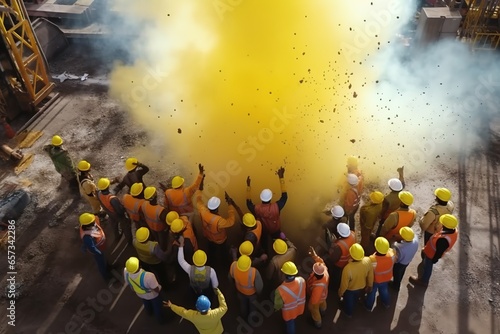 People on a construction building stage in yellow celebrate festival 