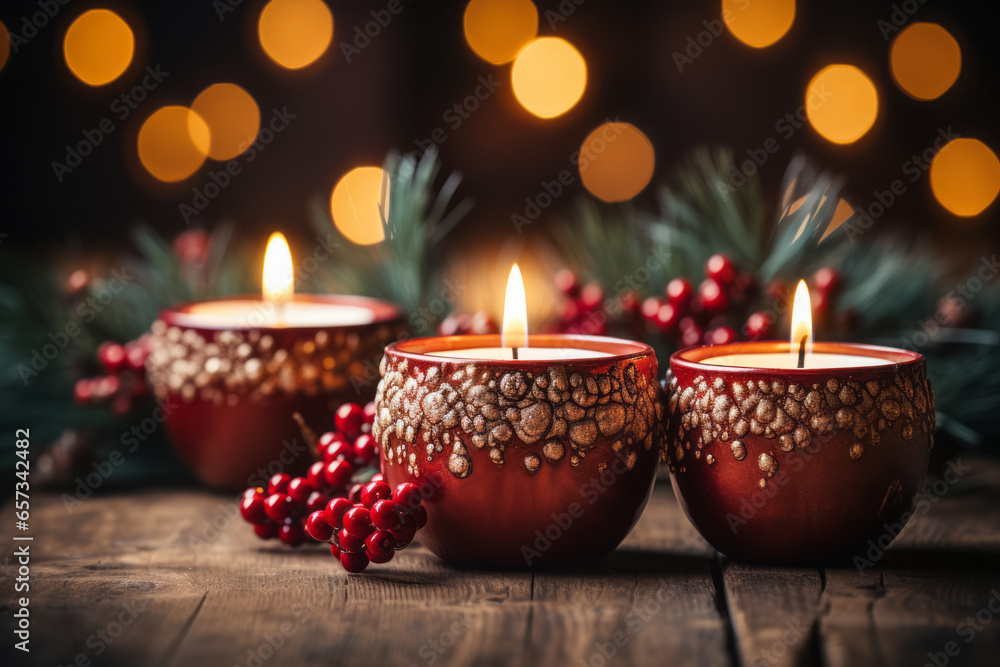 Candles red, New Year's decor, bokeh background. Generative AI. Candles red, New Year's decor, bokeh background. Generative AI.
