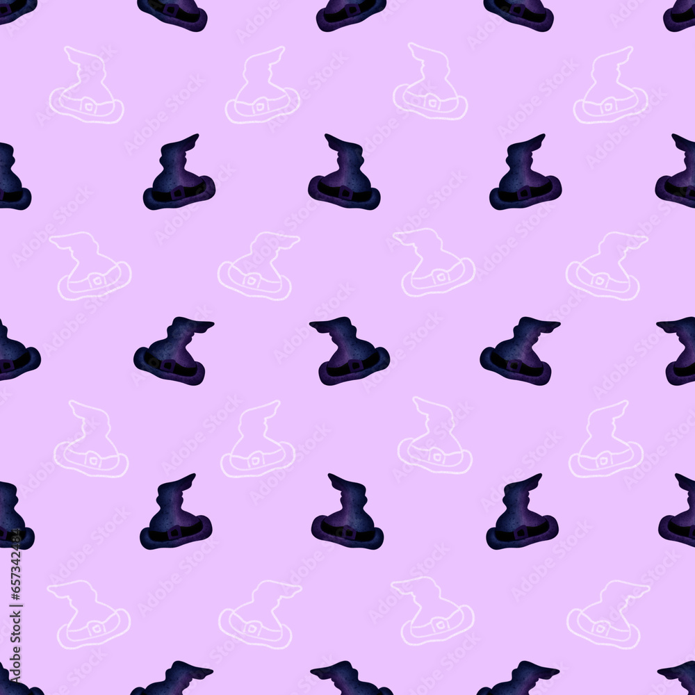 Halloween seamless pattern on purple background with hat and doodle