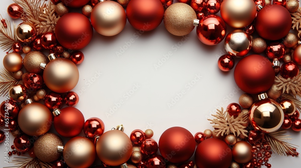 New year Christmas frame adorned with festive red balls decoration and glittering ornaments New year Christmas frame adorned with festive red balls decoration and glittering ornaments