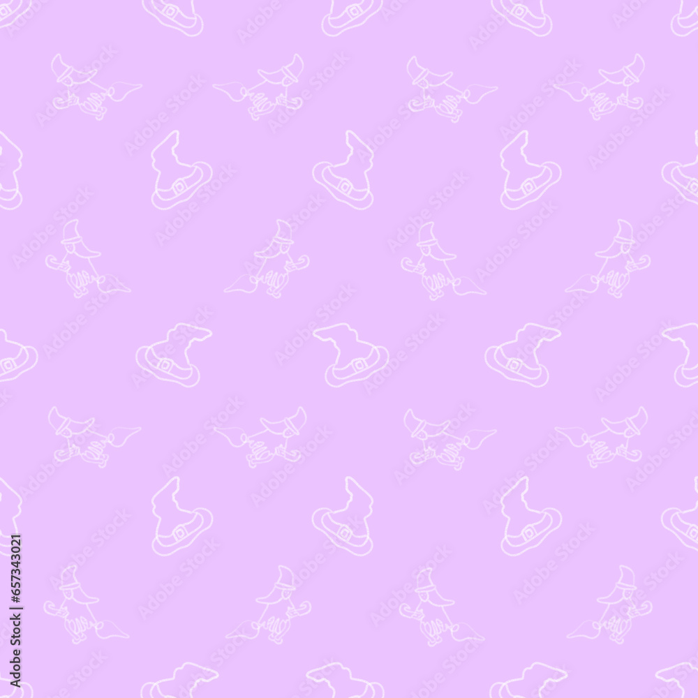 Halloween seamless pattern on purple background with hat and witch doodle Halloween seamless pattern on purple background with hat and witch doodle