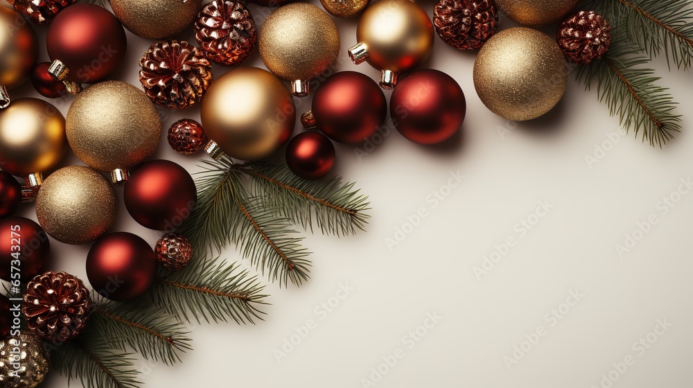 New year Christmas frame adorned with festive red balls decoration and glittering ornaments New year Christmas frame adorned with festive red balls decoration and glittering ornaments