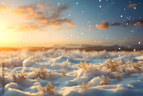 Winter snow background with snowdrifts, beautiful light,  snow flakes with the golden hour sky