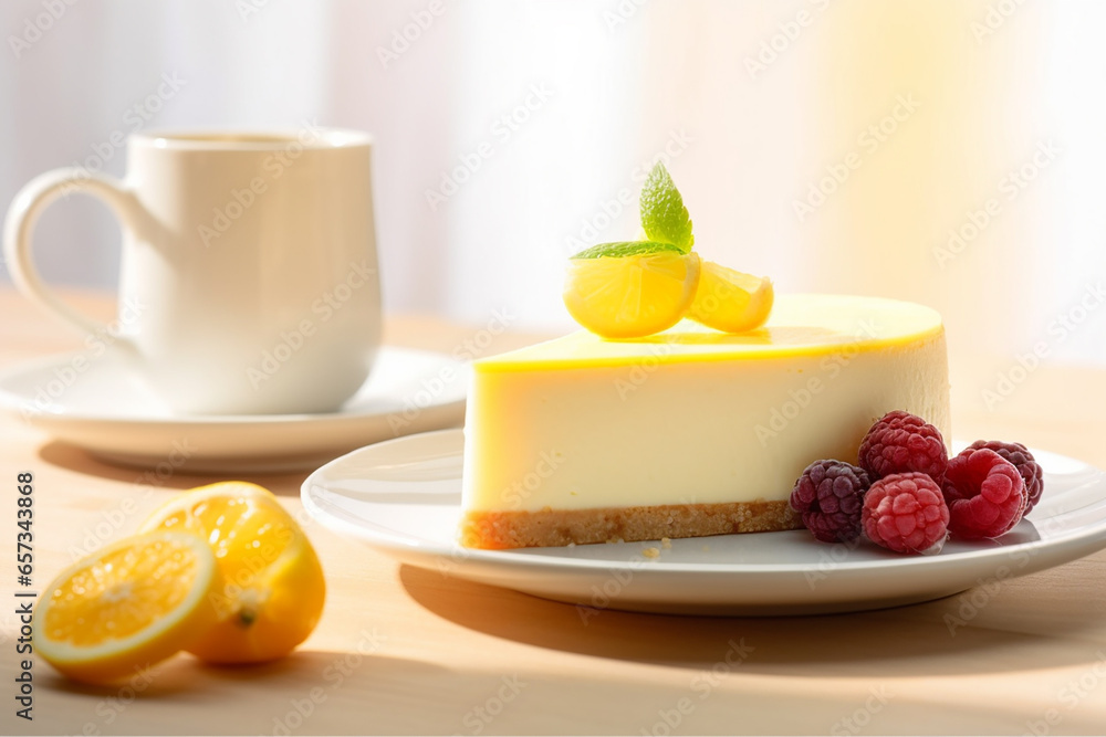 Portion of a lemon cheesecake served with raspberries. Generative AI Portion of a lemon cheesecake served with raspberries. Generative AI