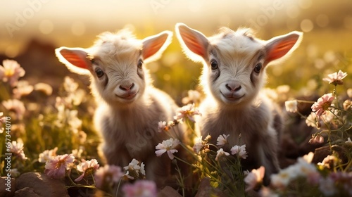 Two baby goats play in field with flowers