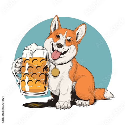 Corgi dog holding the beer mug, isolated on white background. Idea for beer label design cartoon style hand drawn vector illustration.