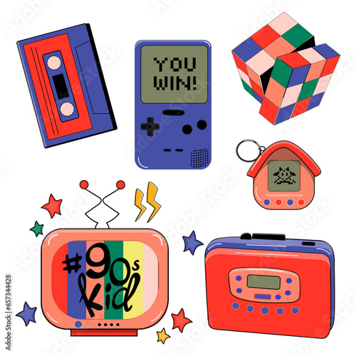 Set of retro classic elements 80s 90s in modern flat style. 90s kid illustration in cartoon style. Hand drawn vector illustration. Fashion patch, badge, sticker, emblem. Trendy old school collection.