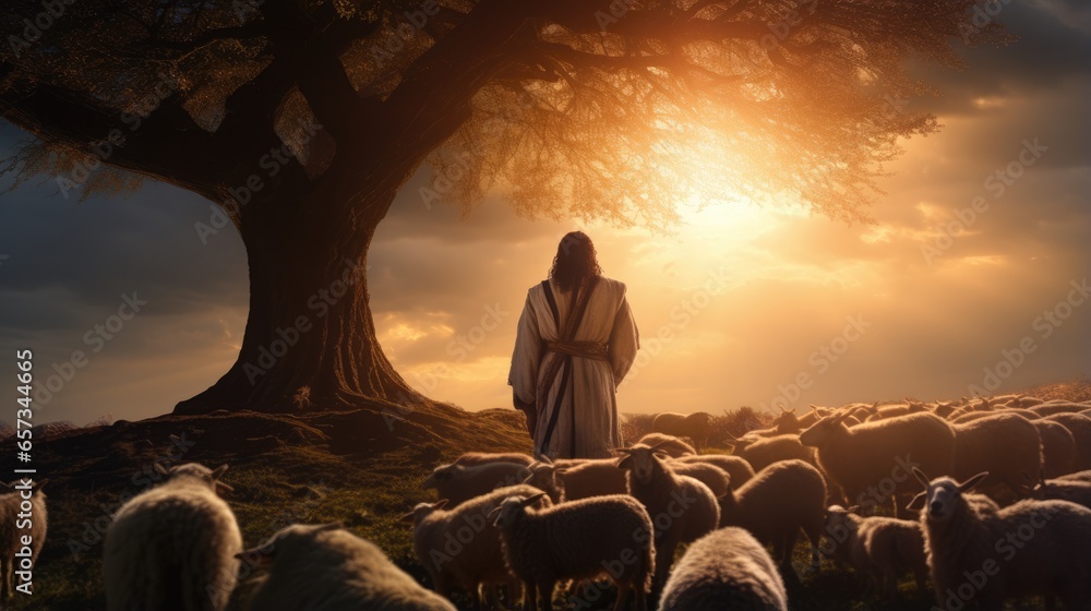 Our Christian god, Jesus Christ, the son of God, the savior of our souls, is tending sheep in the mountains. Preacher of the religion of Christianity - obrazy, fototapety, plakaty 