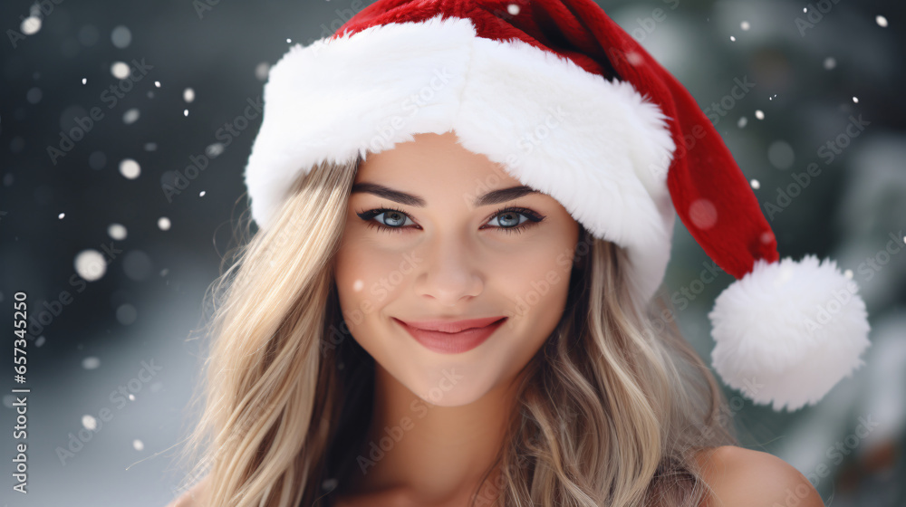 Portrait of beautiful young woman in Santa hat on blurred Christmas lights background. Portrait of beautiful young woman in Santa hat on blurred Christmas lights background.