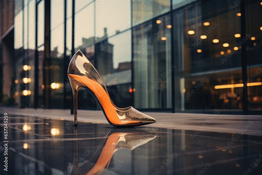Step into glamour with fashionable high heels. These modern, stylish footwear pieces offer elegance and luxury, enhancing the beauty and confidence of the wearer - obrazy, fototapety, plakaty 
