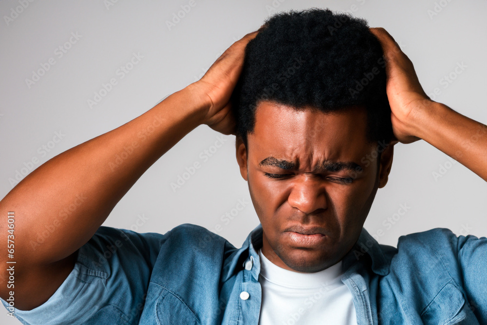 Black man in white T-shirt and blue denim shirt with severe headache Black man in white T-shirt and blue denim shirt with severe headache