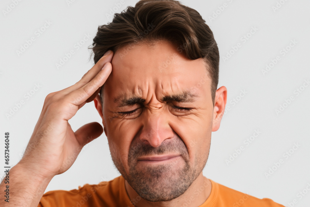 Man with black short beard wearing yellow T-shirt with severe headache Man with black short beard wearing yellow T-shirt with severe headache