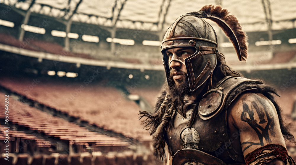 Modern Viking Gladiator at an American Football Stadium. Generative ai.