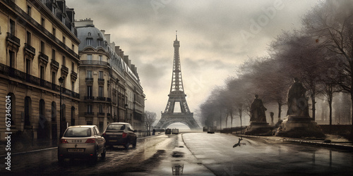 Dramatic Panoramic View of Paris with Eiffel Tower on Cloudy Day - Generative AI