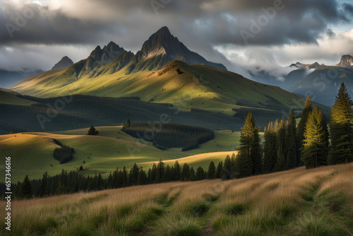 Thick clouds over landscape hills valley