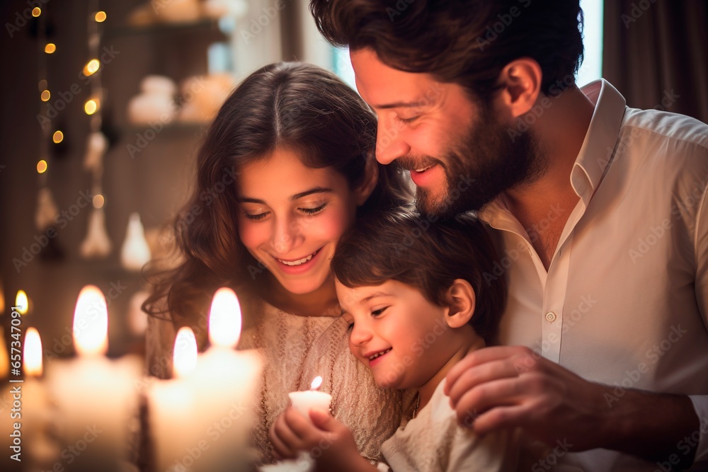 Father and his children lighting 9 candles for Hanukkah at home