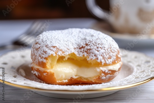 Close up shot of delicious stuffed donut filled with cream