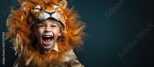 Child dressed as lion laughing at kids Halloween party With copyspace for text photo