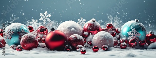 christmas baubles and ornaments laying on the snow, banner, backdrop, design, hollidays, festive, new year, background photo