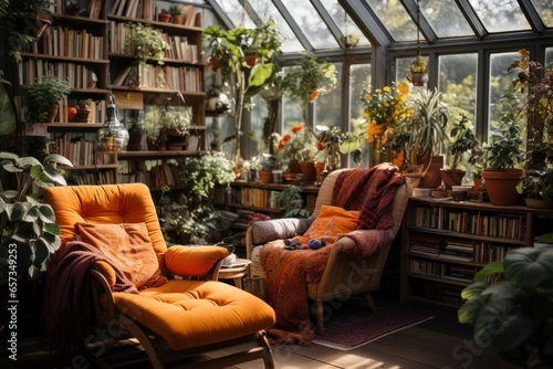 An eclectic and bohemian living space with a mix of vintage furniture, vibrant textiles, and an abundance of houseplants