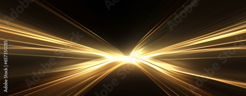 gold light beams and rays flowing in the dark, in the style of minimalist lines, digital illustration, wide angle lens, two dimensional, electric color. panoramic high speed technology concept