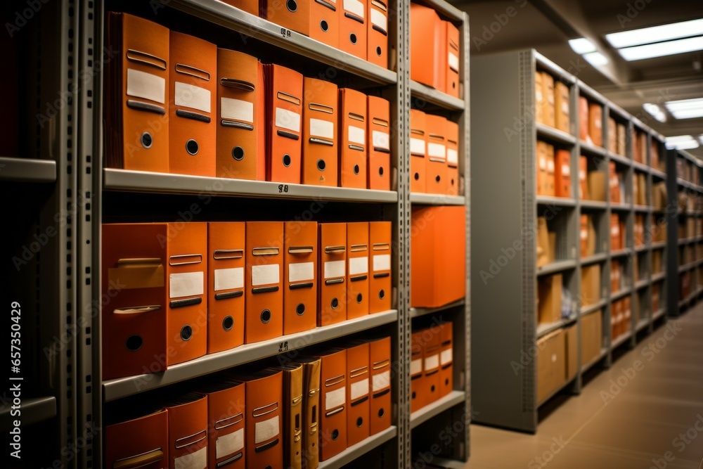 Warehouse for storing folders with archival documents. Background with selective focus and copy space
