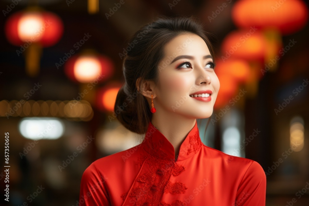 Woman in red Chinese clothes on a blurred background of an authentic Asian interior. Portrait with selective focus Woman in red Chinese clothes on a blurred background of an authentic Asian interior. Portrait with selective focus