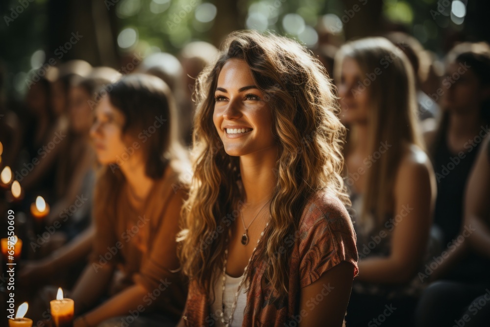 Stretching and meditation classes. A woman at a group yoga and Pilates class. Portrait with selective focus Stretching and meditation classes. A woman at a group yoga and Pilates class. Portrait with selective focus