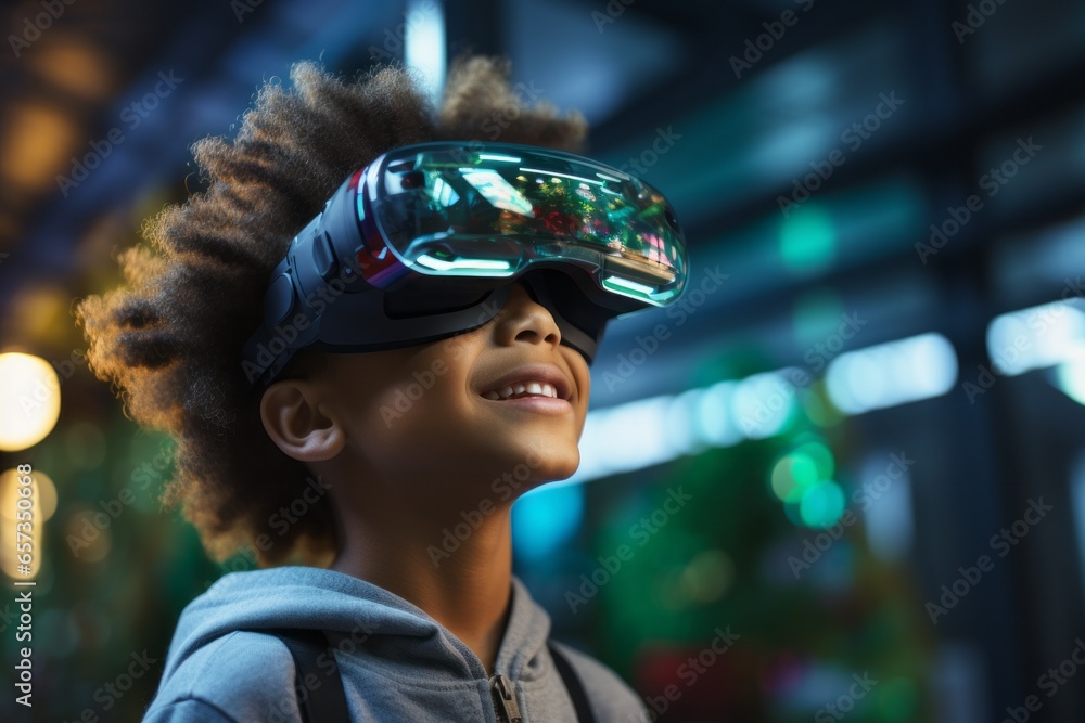 Portrait of a child wearing virtual or augmented reality glasses. Kid in VR mask, modern technology concept Portrait of a child wearing virtual or augmented reality glasses. Kid in VR mask, modern technology concept