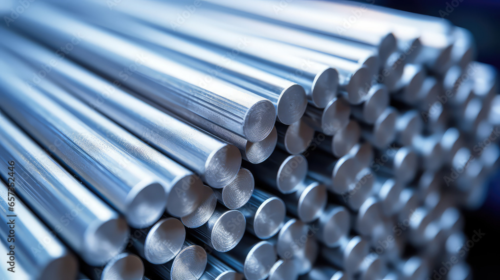 Thick aluminum rods in warehouse. Remelting non-ferrous or ferrous metals. Metallurgy, Manufacture of foil and metal products. - obrazy, fototapety, plakaty 