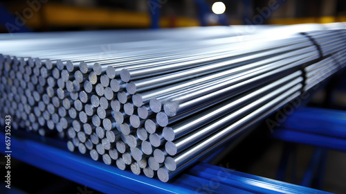 Thick aluminum rods in warehouse. Remelting non-ferrous or ferrous metals. Metallurgy, Manufacture of foil and metal products. photo