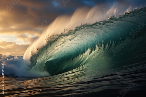 huge ocean wave in dynamic colors at sunset, showing the beauty and power of the ocean. © Margo_Alexa