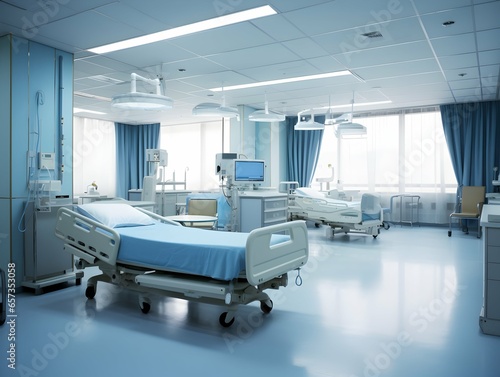 Empty modern hospital corridor, clinic hallway interior background with white chairs for patients waiting for doctor visit. Contemporary waiting room in medical office. Healthcare services concept