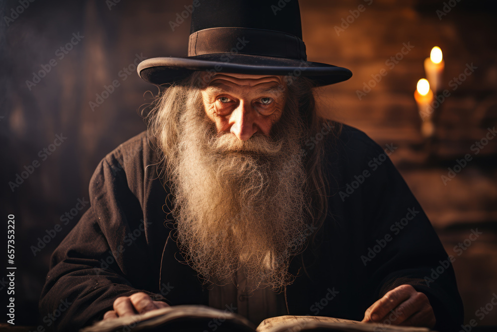 Naklejka premium Portrait of Jewish Orthodox man, old Jew in black reading holy book