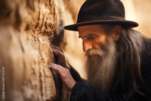Prayer of Jewish Orthodox man, old Jew in black prays near stone wall photo