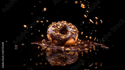 Donut chocolate with small pieces of peanuts