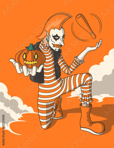 halloween punk clown hand holding a pumpkin background for brochure banner and publication.