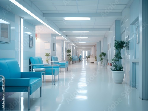 Empty modern hospital corridor, clinic hallway interior background with white chairs for patients waiting for doctor visit. Contemporary waiting room in medical office. Healthcare services concept photo