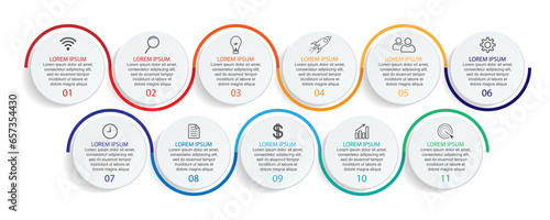 Business Infographic Template Design. Timeline with 11 marketing steps, options and icons. Vector linear infographic with eleven connected elements. Can be used for presentations in your business. photo