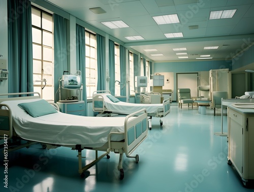 Empty modern hospital corridor, clinic hallway interior background with white chairs for patients waiting for doctor visit. Contemporary waiting room in medical office. Healthcare services concept