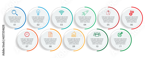 Business Infographic Template Design. Timeline with 11 marketing steps, options and icons. Vector linear infographic with eleven connected elements. Can be used for presentations in your business.